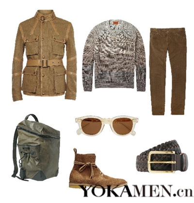 Mosaic design covers jackets Belstaff knits Missoni color dark brown thin strips Green Velvet trousers Gucci for the old army backpack Alexander Wang Bottga Veneta Brown nubuck leather short boots deep coffee woven leather belt A.P.C.