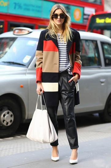 Tapered leather pants match stripe coat